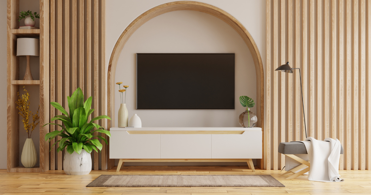 boho living room with arched wall