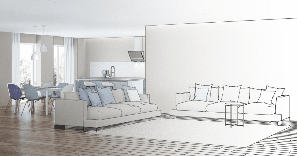 half sketch, half color living room remodel example