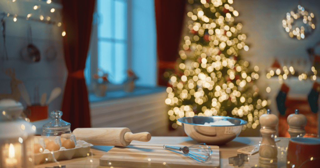 Baking utensils and bowls on table during holiday season