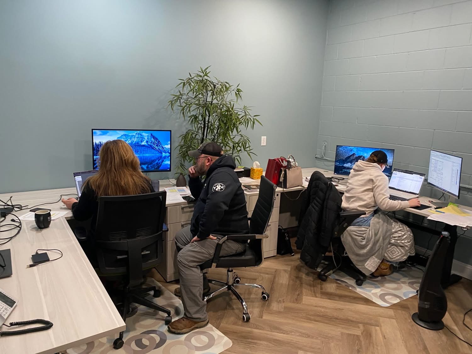 Three people are working at desks in an office with computers. A woman sits to the left, a man in the center is leaning over the desk, and another person on the right is typing. There's a potted plant in the background.