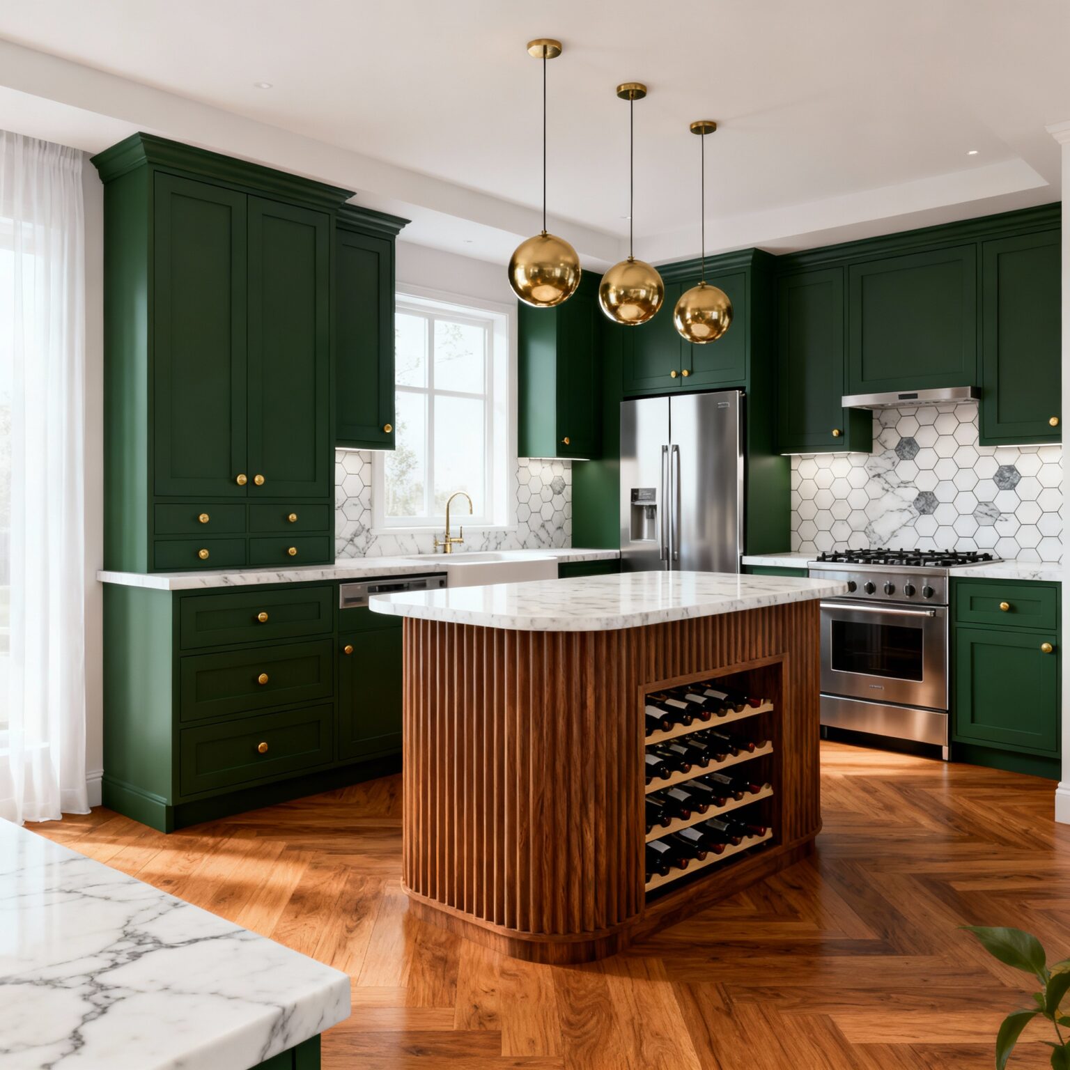 A modern kitchen remodel featuring dark green cabinetry, a wood-paneled island with wine storage, marble countertops, hexagonal tile backsplash, stainless steel appliances, brass pendant lights, and herringbone wood flooring.
