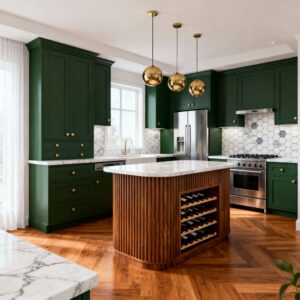 A modern kitchen remodel featuring dark green cabinetry, a wood-paneled island with wine storage, marble countertops, hexagonal tile backsplash, stainless steel appliances, brass pendant lights, and herringbone wood flooring.