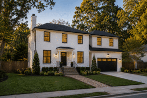A modern white brick two-story colonial-style home with black shutters, black garage doors, and landscaped front yard surrounded by trees at dusk.